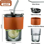 Bamboo Joint Glass Cup with Lid & Straw | 13oz Can-Shaped Tumbler with Leather Sleeve