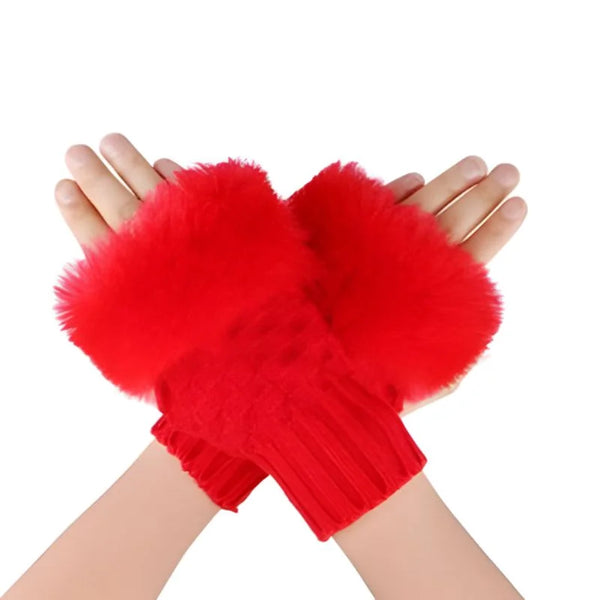 Women's Faux Fur Fingerless Gloves Red