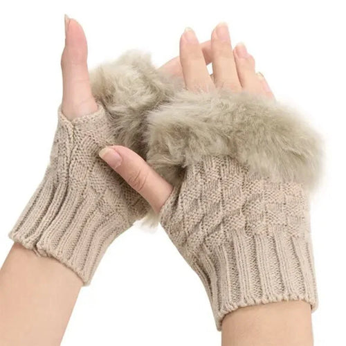 Women's Faux Fur Fingerless Gloves Beige