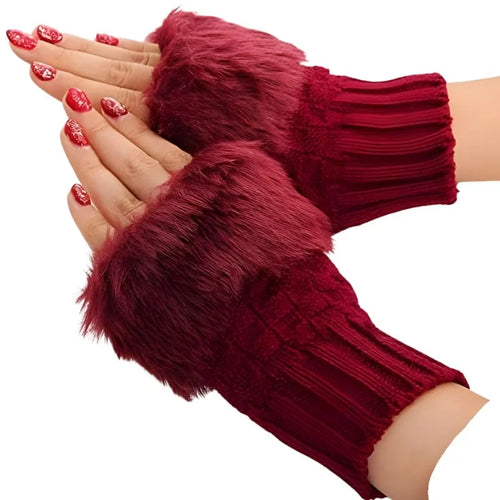 Women's Faux Fur Fingerless Gloves Maroon