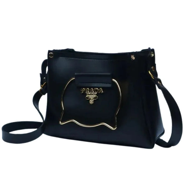 Black Elegant Cat Handle Handbag with Gold Accents