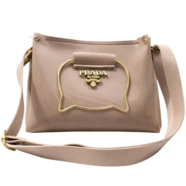 Beige Elegant Cat Handle Handbag with Gold Accents