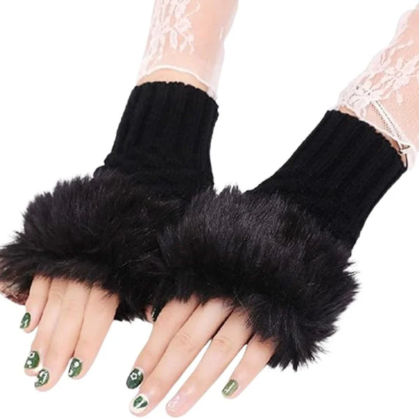 Women's Faux Fur Fingerless Gloves Black