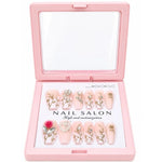 12 Pcs Press On Nails Set With Floral Design & Rhinestone Decoration | Reusable False Nails With Nail Prep Kit