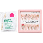 12 Pcs Press On Nails Set With Floral Design & Rhinestone Decoration | Reusable False Nails With Nail Prep Kit