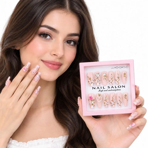12-Piece Floral Press On Nails Set with Rhinestones
