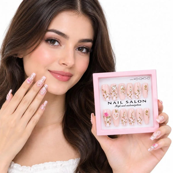 12-Piece Floral Press On Nails Set with Rhinestones