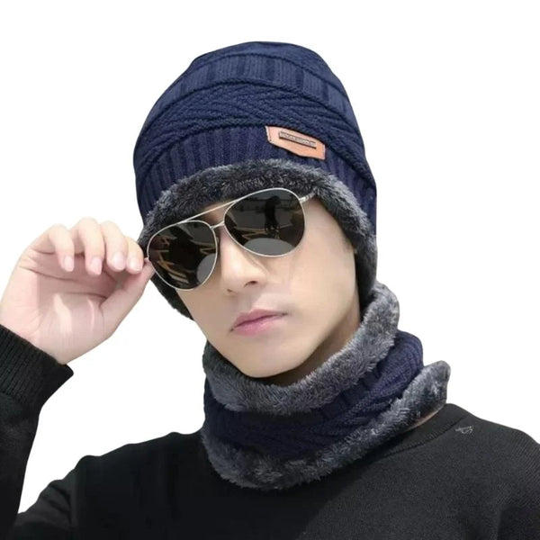 Winter Wool Cap and Neck Warmer Set Blue and Gray