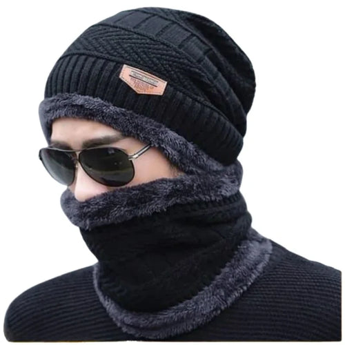 Winter Wool Cap and Neck Warmer Set Black and Gray