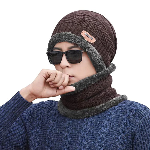 Winter Wool Cap and Neck Warmer Set Brown and Gray