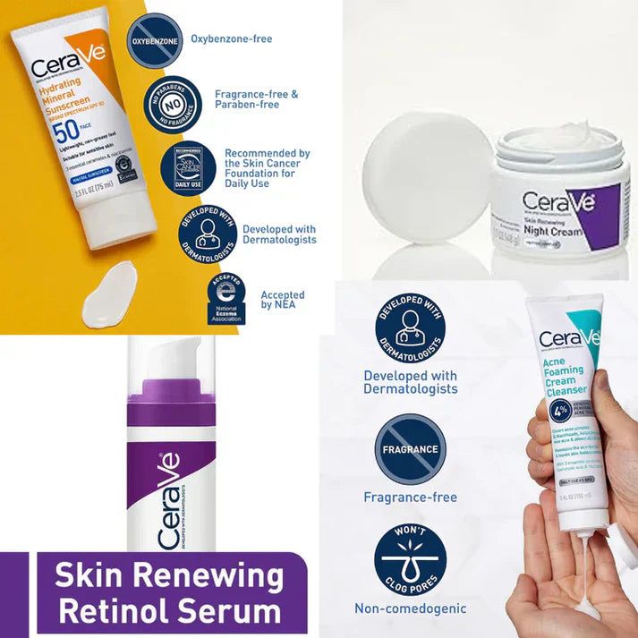 CeraVe 4-in-1 Skincare Kit | Cleanser, Serum, Sunblock & Night Cream | Dermatologist-Approved Routine