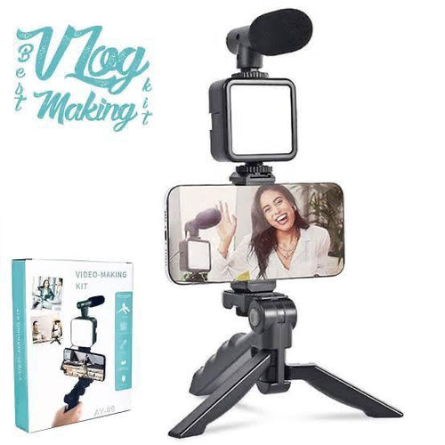 AY-49 Vlogging Tripod Kit with Mic and LED Light