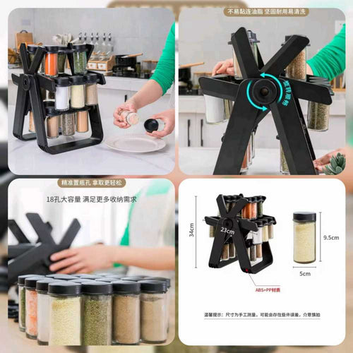 Black Ferris wheel rotating spice rack with 18 jars