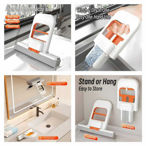 Portable hand-free mini mop showing cleaning, squeezing and storage features